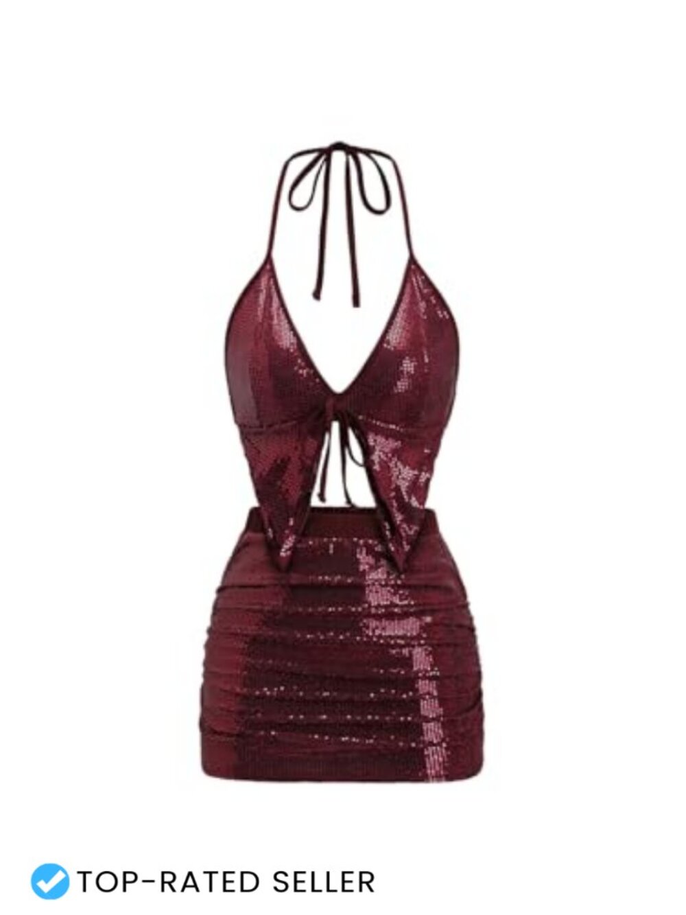 Sequin 2pc Halter Crop Top & Ruched Mini Skirt Set